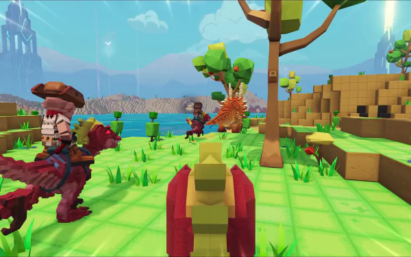HD PixARK desktop wallpaper featuring a vibrant voxel-based scene with characters and dinosaurs in an open-world setting.