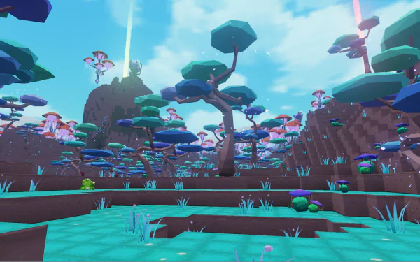 HD desktop wallpaper from PixARK featuring a colorful voxel-based landscape with whimsical trees and blue sky.