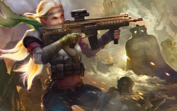 Blonde, long-haired woman warrior in tactical gear aims an assault rifle amid smoke and ruins — Homefront: The Revolution video game 5K Ultra HD PC desktop wallpaper.