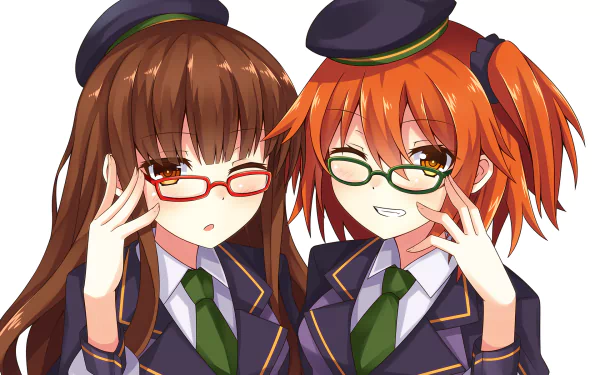 HD PC desktop wallpaper featuring anime characters Fujimaru Ritsuka and Hakuno Kishinami from Fate/Grand Order, both wearing glasses and school uniforms.