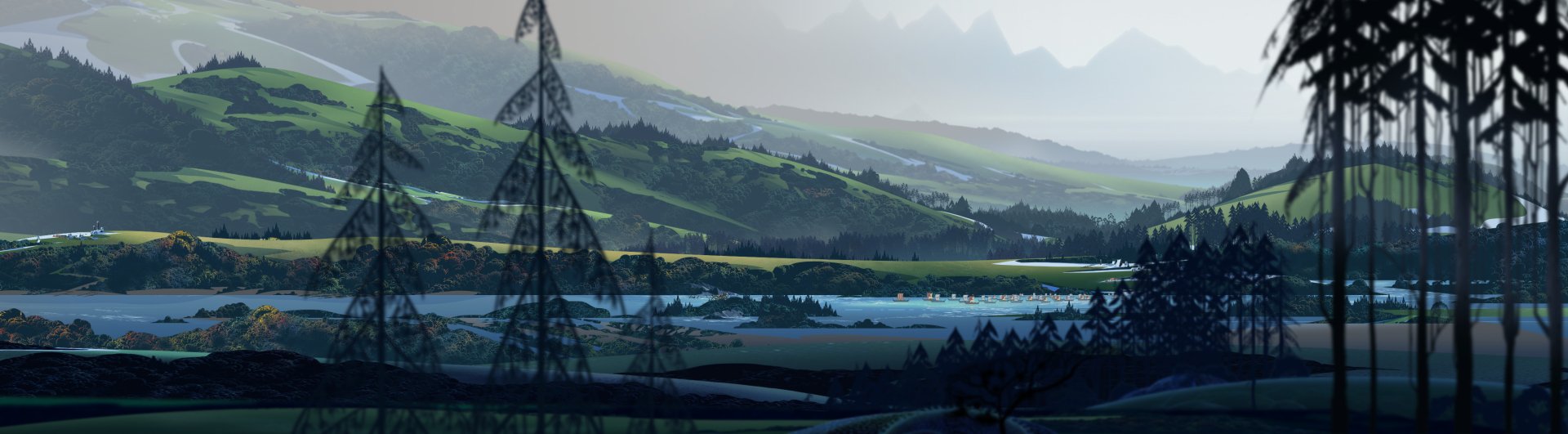 HD desktop wallpaper featuring a serene, misty landscape from the video game The Banner Saga.