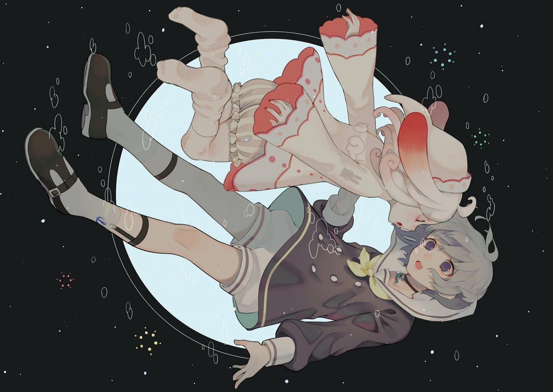 Anime-style original HD PC wallpaper featuring a character with short white and green hair, blue eyes, bunny ears, and a hat floating against a dark circular backdrop.