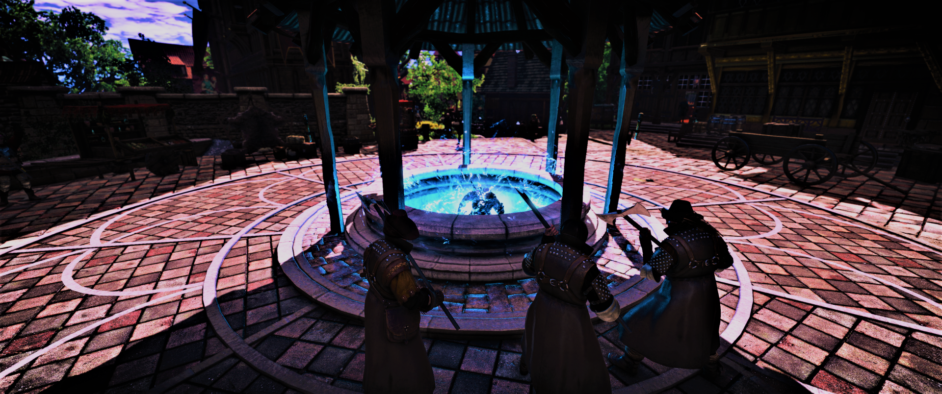 HD PC desktop wallpaper from The Witcher 3: Wild Hunt - Blood and Wine, depicting a fantasy scene with characters gathered around a glowing well in a rustic courtyard.