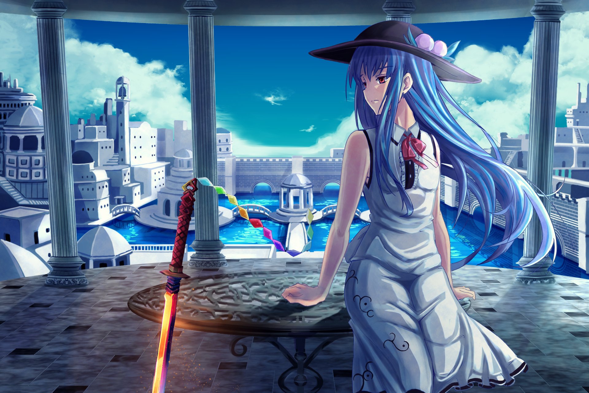 HD anime desktop wallpaper featuring Tenshi Hinanawi from Touhou, standing on a terrace with a vibrant blue sky and distant cityscape in detailed artwork.