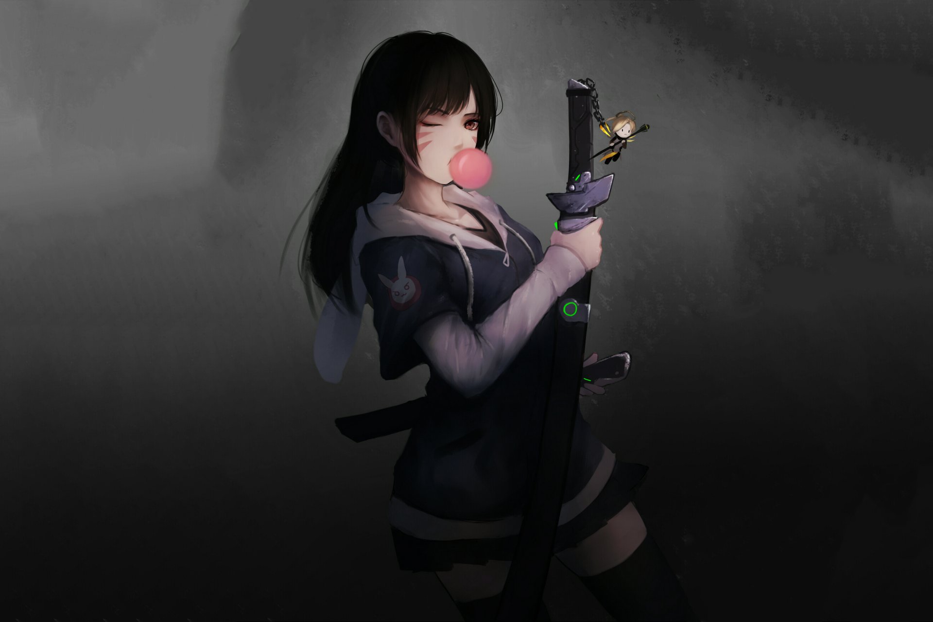 HD desktop wallpaper featuring D.Va from the video game Overwatch, with a dark background and D.Va blowing a bubblegum bubble.