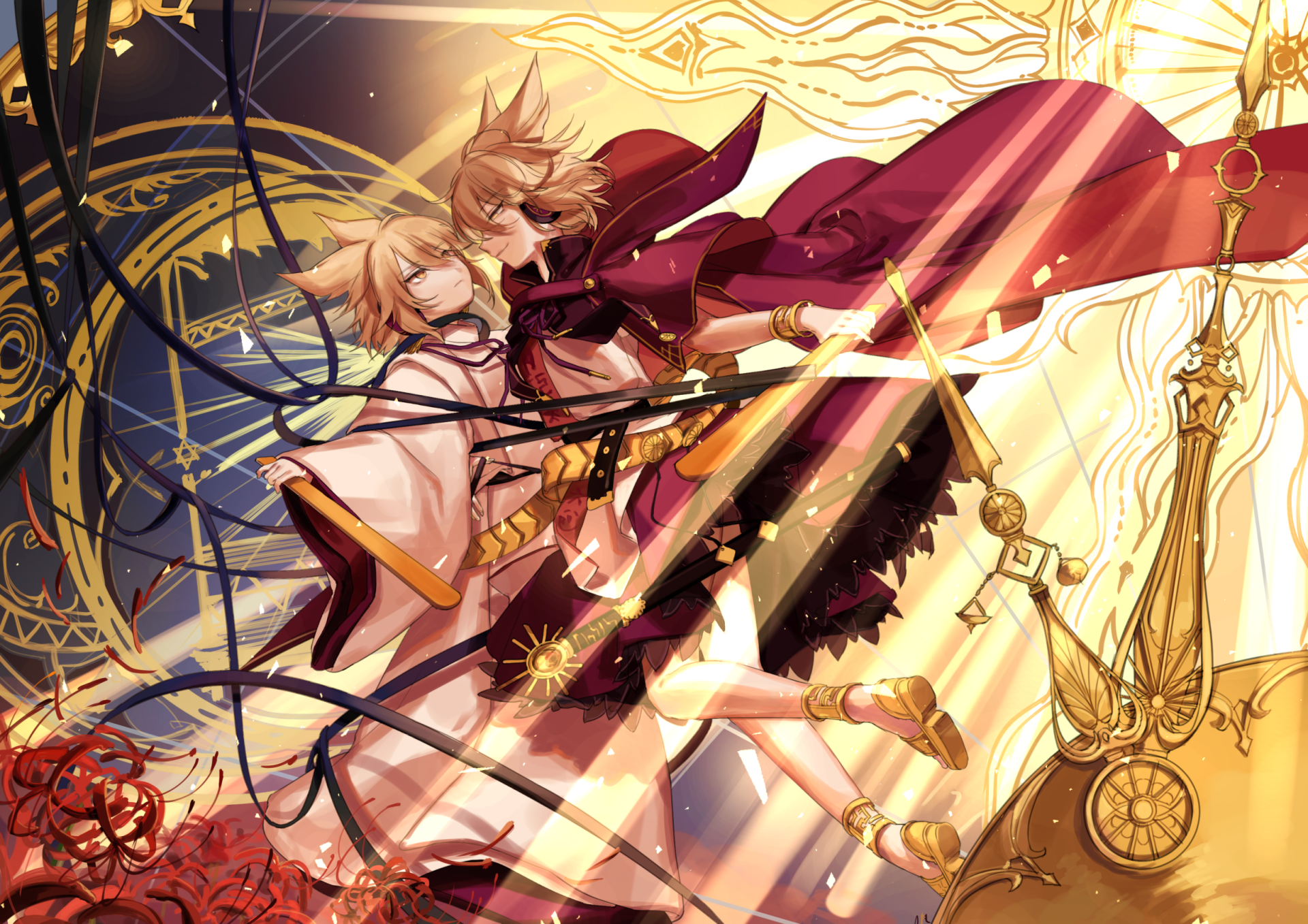 HD anime desktop wallpaper featuring Toyosatomimi no Miko from Touhou, showcasing dynamic poses and intricate golden accents in a vibrant, detailed background.