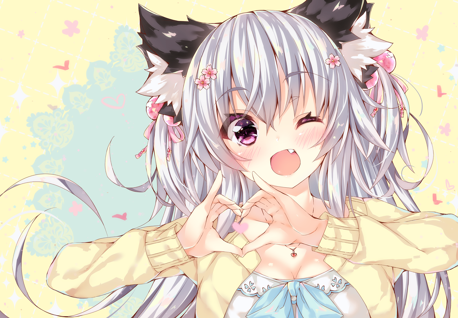 Anime original HD desktop wallpaper featuring a cheerful girl with silver hair, cat ears, and a playful wink surrounded by soft pastel butterflies and floral elements.