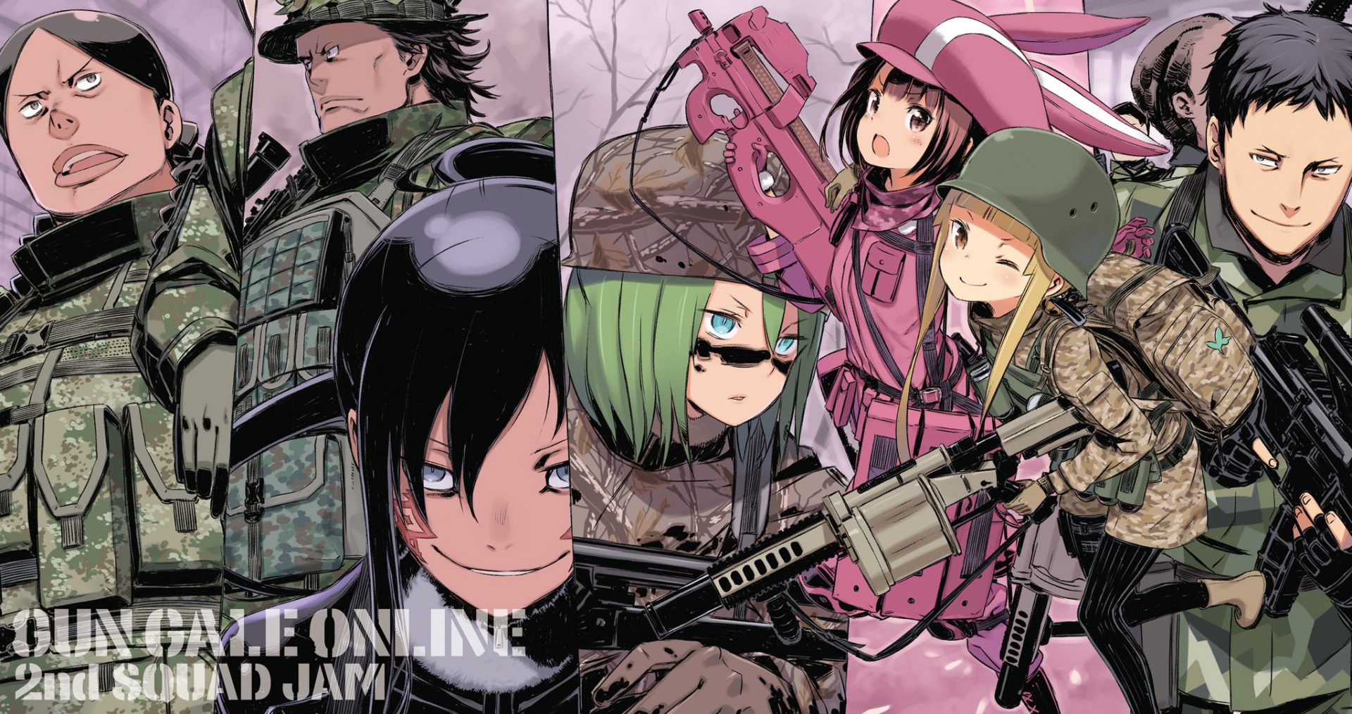 HD anime wallpaper featuring characters LLENN, Miyu Shinohara, Goushi Asougi, Elsa Kanzaki, and Karen Kohiruimaki from Sword Art Online Alternative: Gun Gale Online.