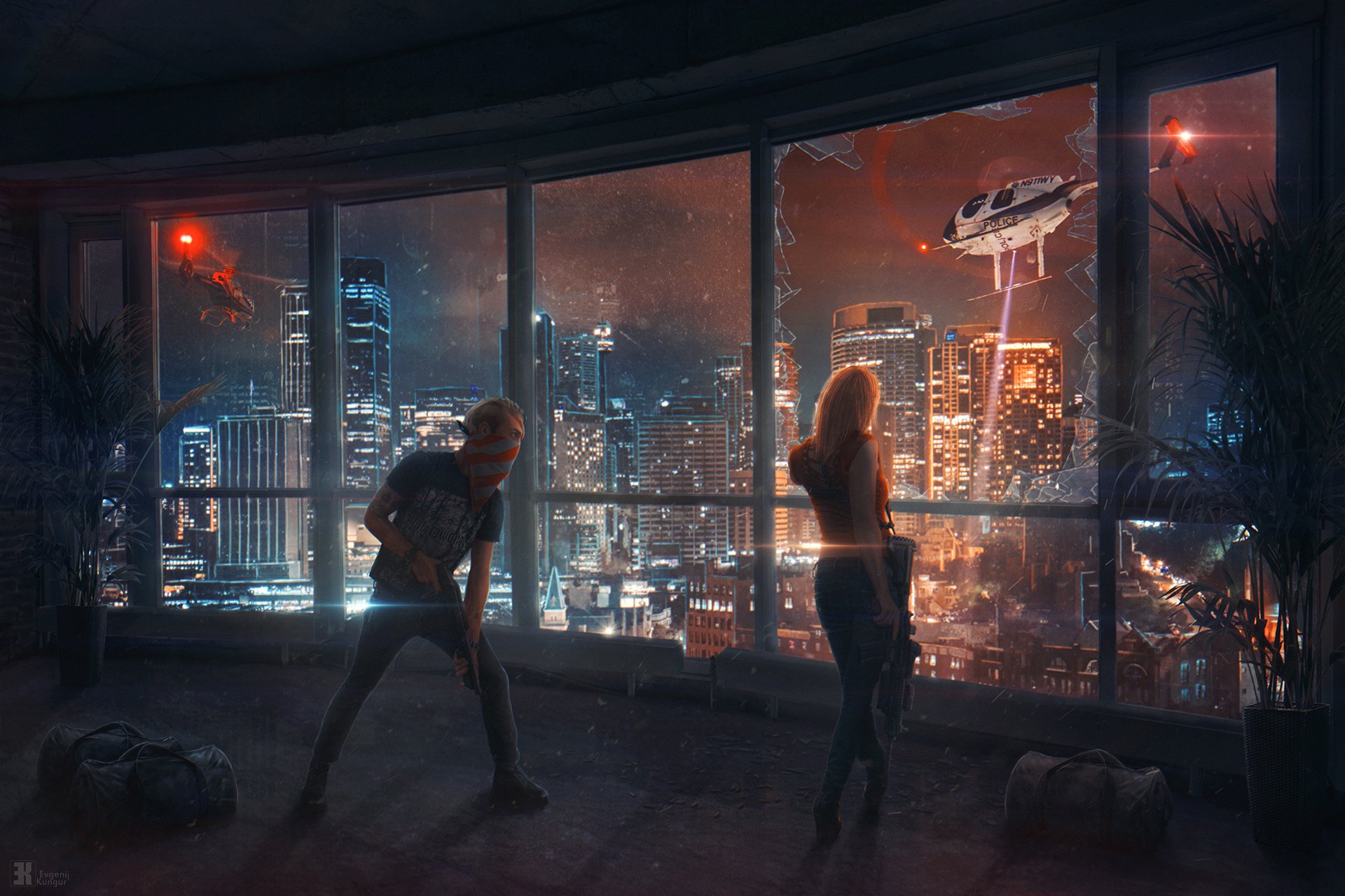 Cyberpunk cityscape viewed through broken glass with two figures inside and a police helicopter hovering amid futuristic skyscrapers, rendered as an HD PC wallpaper.