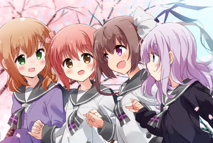 HD desktop wallpaper featuring anime characters Tamate Momochi, Kamuri Sengoku, Eiko Tokura, and Hana Ichinose from the series Slow Start under cherry blossoms.