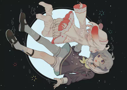 Anime-style original HD PC wallpaper featuring a character with short white and green hair, blue eyes, bunny ears, and a hat floating against a dark circular backdrop.