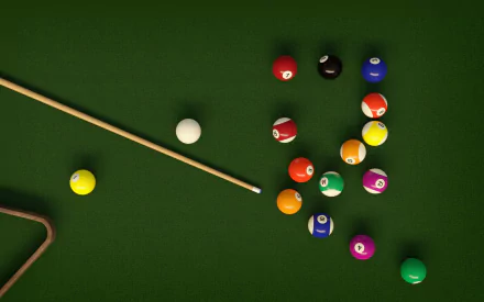 HD PC desktop wallpaper featuring a pool game setup with colorful balls and a cue stick on a green felt table.