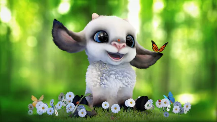 A charming fantasy animal resembling a baby sheep with large eyes sits among flowers while a butterfly perches on its ear in a vibrant forest setting.