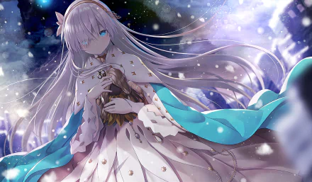 Anime character Anastasia from Fate/Grand Order standing in a snowy landscape. The HD desktop wallpaper shows her with flowing white hair and a serene expression, surrounded by ethereal snowflakes.