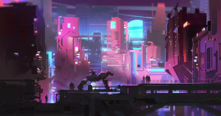 HD PC desktop wallpaper featuring a vibrant cyberpunk cityscape with neon lights and futuristic sci-fi architecture under a glowing night sky.