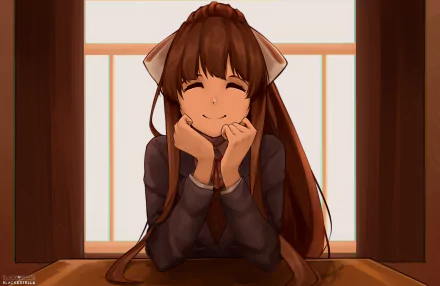 HD desktop wallpaper of Monika from the video game Doki Doki Literature Club!, featuring her smiling warmly with her hands under her chin against a simple background.