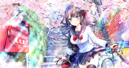 Anime-style original HD desktop wallpaper featuring a girl with purple hair in a school uniform surrounded by cherry blossoms on a bright, colorful stairway background.