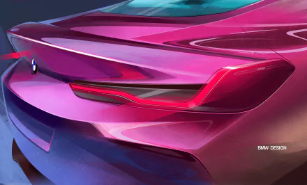 Glossy magenta BMW Concept 8 Series car rear, sculpted bumper and slim LED taillights — BMW 8 Series concept vehicle rendered as a 2K Quad HD PC desktop wallpaper/background.