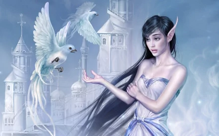 A fantasy scene featuring an elf with long hair and pointed ears, interacting with two white birds against a majestic castle backdrop. This HD image serves as a captivating desktop wallpaper.