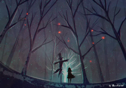 Anime-style HD desktop wallpaper featuring a long-haired figure standing beside a scarecrow under tall, bare trees glowing with scattered red sparks in a dark forest.