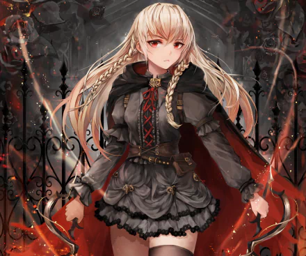 Anime-style HD desktop wallpaper of a blonde girl with long braided hair, red eyes, wearing a cloak and holding a sword, set against a dark, fiery background.