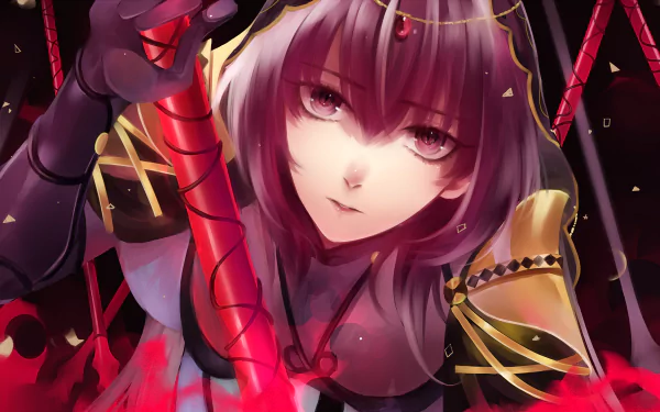 Anime character Scathach from Fate/Grand Order with long purple hair and matching eyes, clad in armor and wielding a weapon. The vivid HD wallpaper emphasizes her intense gaze and detailed attire.
