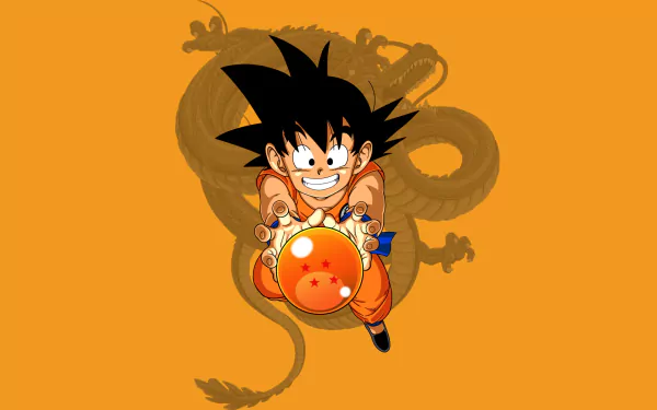 HD desktop wallpaper featuring young Goku from Dragon Ball Z holding a Dragon Ball, with an orange background and a dragon silhouette. Image tags include Dragon Ball Z, Goku, Anime, Dragon Ball.