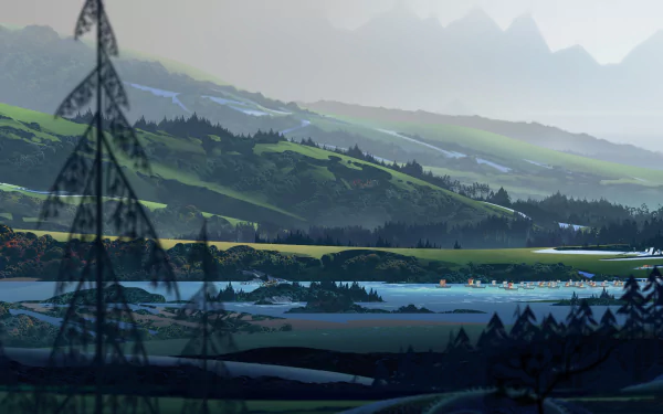 HD desktop wallpaper featuring a serene, misty landscape from the video game The Banner Saga.
