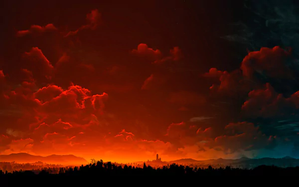 A stunning HD desktop wallpaper from The Witcher 3: Wild Hunt, featuring a dramatic sunset over a landscape with vibrant clouds and a distant castle silhouette under a fiery sky.