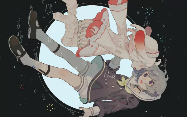 Anime-style original HD PC wallpaper featuring a character with short white and green hair, blue eyes, bunny ears, and a hat floating against a dark circular backdrop.