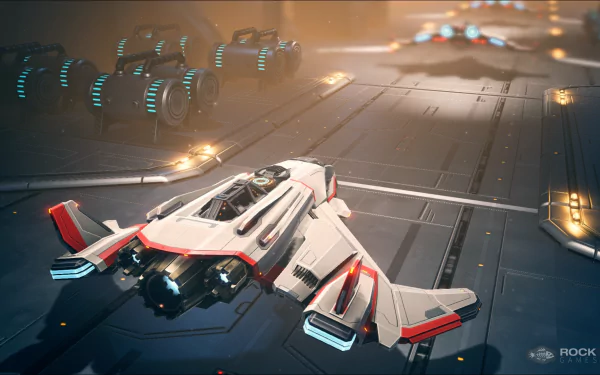 HD desktop wallpaper from Everspace featuring a sleek spaceship on a futuristic launchpad.