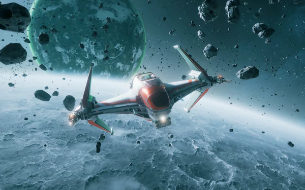 HD desktop wallpaper from Everspace featuring a spaceship flying through an asteroid field with a planet in the background.