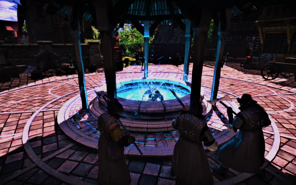 HD PC desktop wallpaper from The Witcher 3: Wild Hunt - Blood and Wine, depicting a fantasy scene with characters gathered around a glowing well in a rustic courtyard.