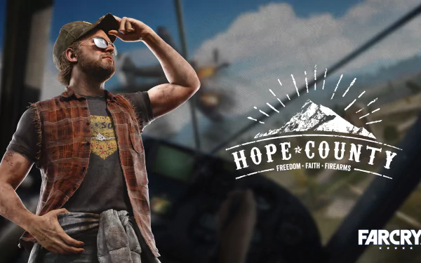 4K Ultra HD PC wallpaper featuring a character from the video game Far Cry 5, standing confidently with the Hope County logo and tagline in the background.