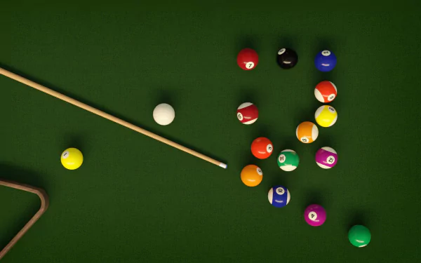 HD PC desktop wallpaper featuring a pool game setup with colorful balls and a cue stick on a green felt table.