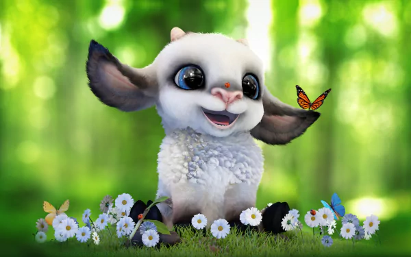 A charming fantasy animal resembling a baby sheep with large eyes sits among flowers while a butterfly perches on its ear in a vibrant forest setting.