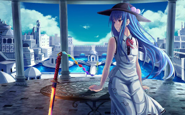HD anime desktop wallpaper featuring Tenshi Hinanawi from Touhou, standing on a terrace with a vibrant blue sky and distant cityscape in detailed artwork.