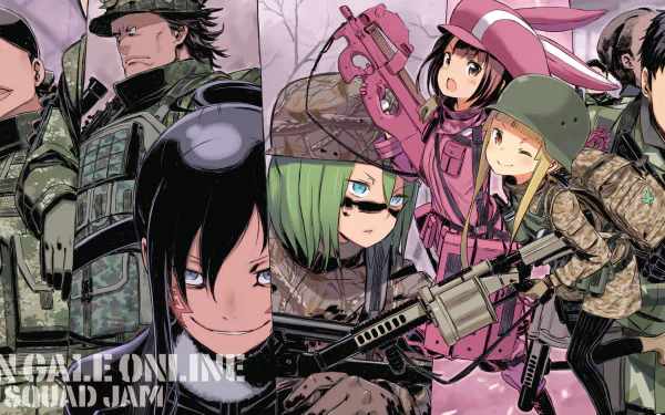 HD anime wallpaper featuring characters LLENN, Miyu Shinohara, Goushi Asougi, Elsa Kanzaki, and Karen Kohiruimaki from Sword Art Online Alternative: Gun Gale Online.