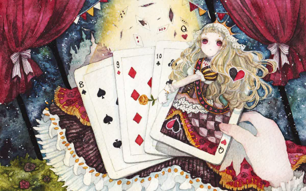 Anime-style HD desktop wallpaper featuring a blonde girl with red eyes and a crown, surrounded by playing cards and theatrical curtains in a vibrant fantasy scene.