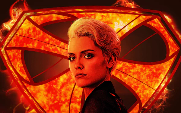 HD PC desktop wallpaper featuring Wallis Day as Nyssa-Vex from the TV show Krypton, set against a blazing fiery Superman emblem background.