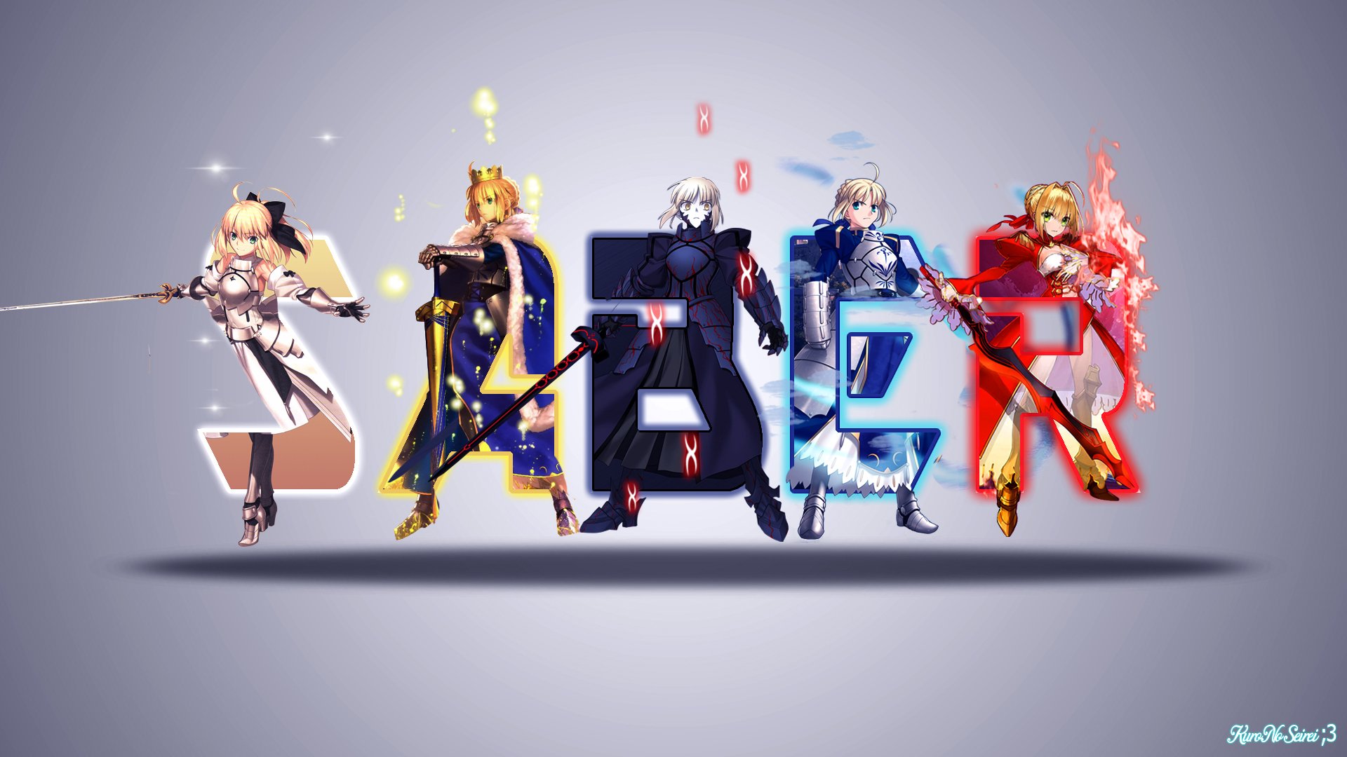 HD PC desktop wallpaper featuring Red Saber, Nero Claudius, Saber Alter, Saber Lily, and Saber from the Fate/Grand Order anime series.