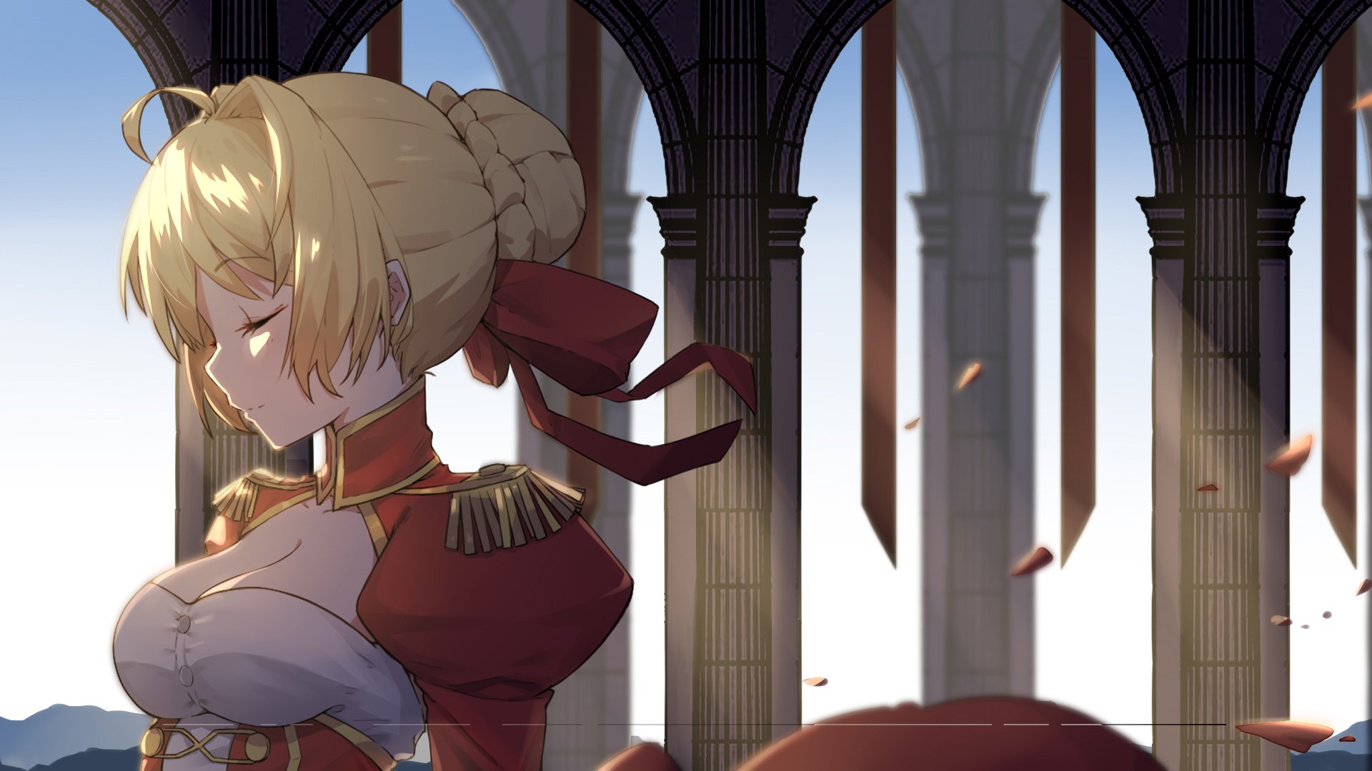 HD PC desktop wallpaper featuring Saber from Fate/Grand Order in an elegant anime style, set against towering cathedral arches with soft sunlight and falling petals.