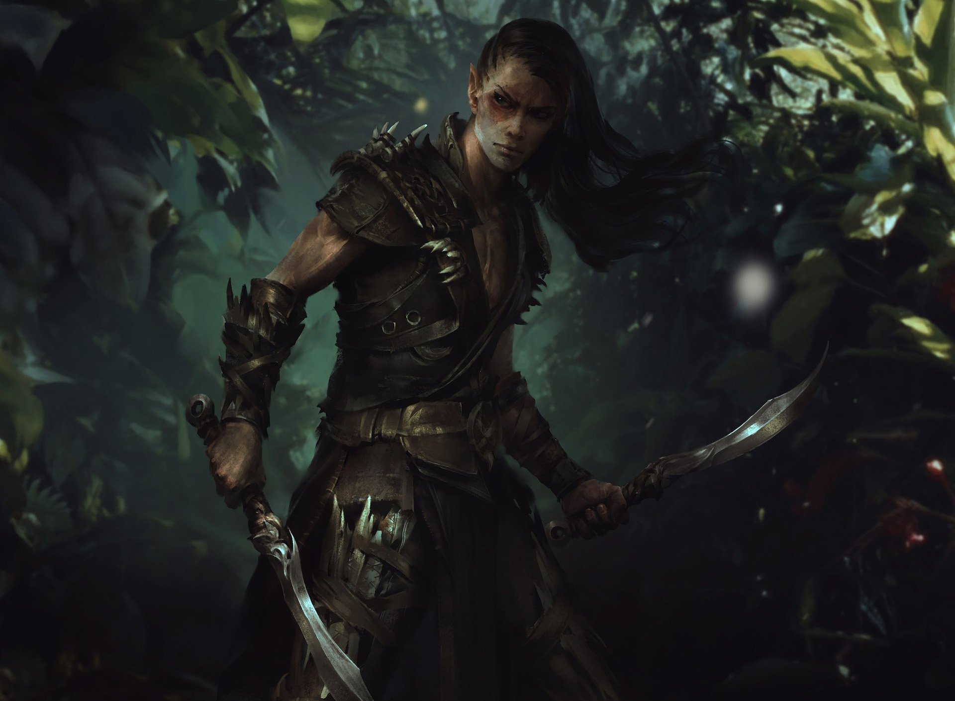 HD desktop wallpaper featuring a fierce, armored warrior from the video game The Elder Scrolls: Legends, set against a dark, mystical forest background.