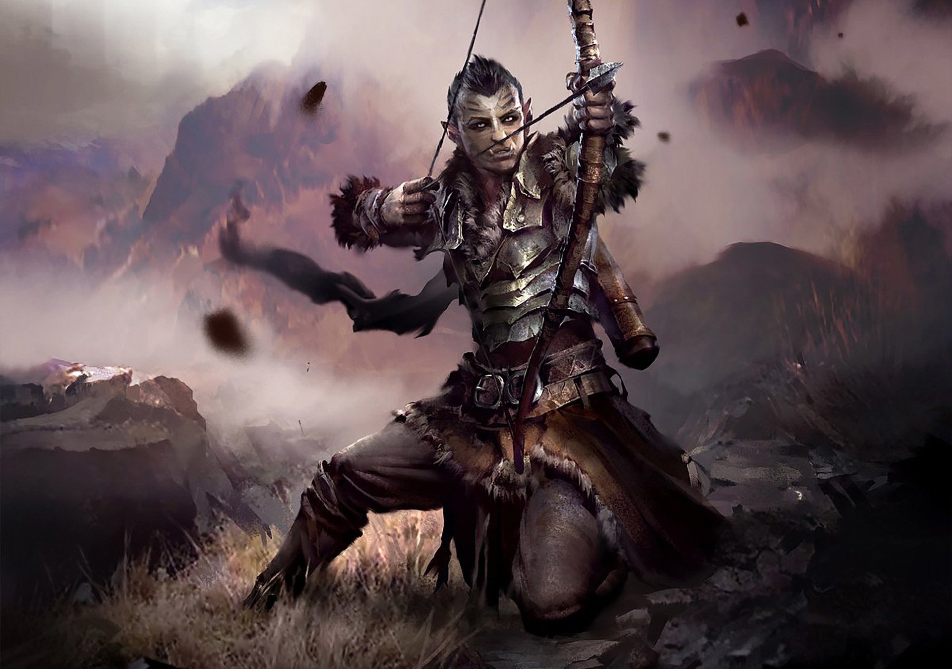 HD PC desktop wallpaper featuring a fierce warrior character from the video game The Elder Scrolls: Legends in a dramatic, smoky battlefield setting.