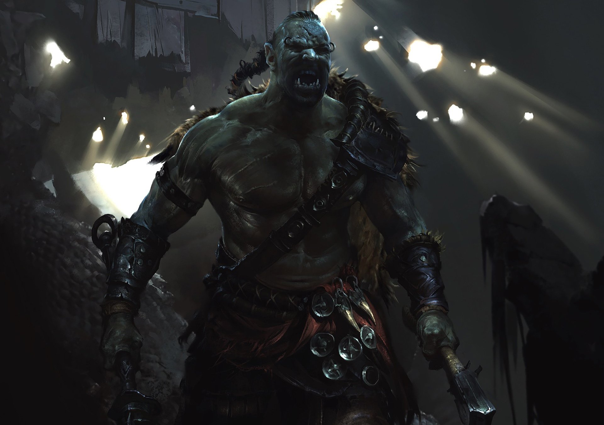HD PC desktop wallpaper featuring a fierce, armored orc warrior from the video game The Elder Scrolls: Legends in a dark, dramatic setting with intense lighting effects.