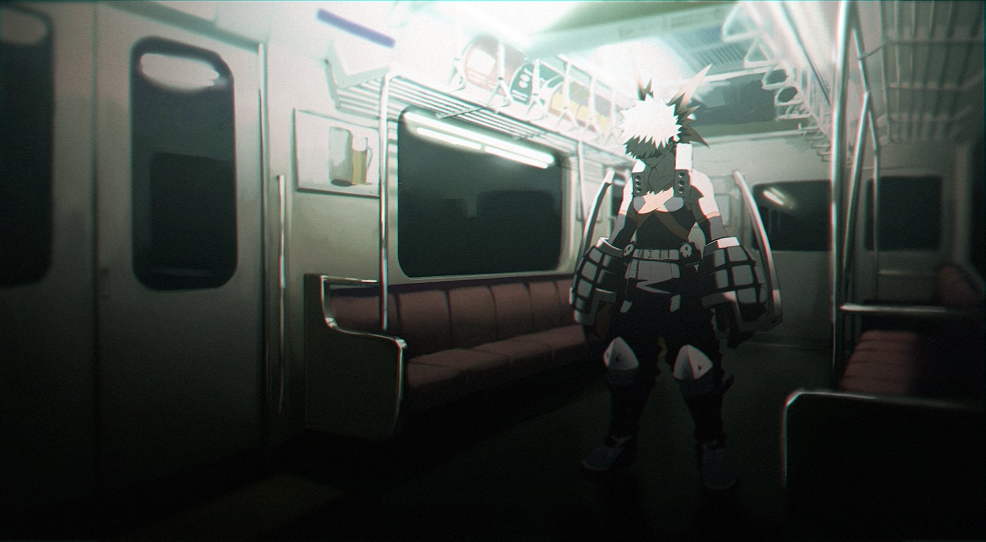 HD PC desktop wallpaper featuring Katsuki Bakugou from My Hero Academia standing inside a dimly lit train carriage with a moody atmosphere.