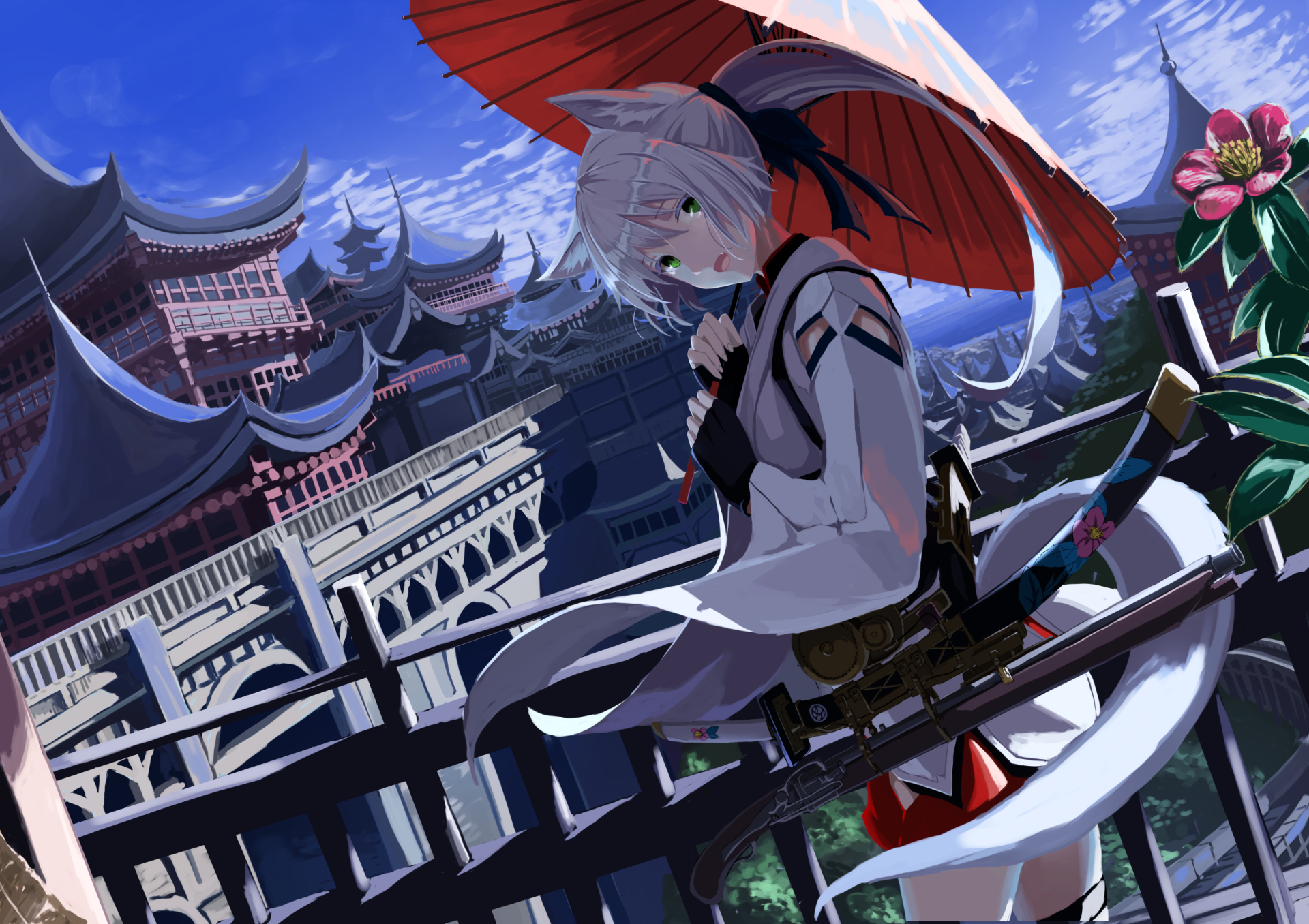Anime-style original artwork featuring a character with white hair and a red umbrella, set against traditional Asian architecture, designed as an HD PC desktop wallpaper.
