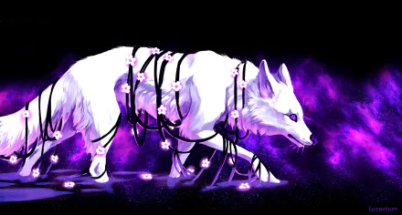 HD wallpaper featuring a fantasy white wolf adorned with black ribbons and small pink flowers, set against a backdrop of a purple cosmic space scene.