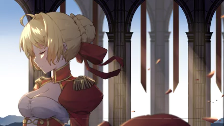 HD PC desktop wallpaper featuring Saber from Fate/Grand Order in an elegant anime style, set against towering cathedral arches with soft sunlight and falling petals.