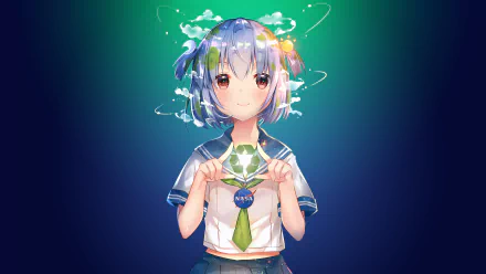 HD desktop wallpaper featuring Earth-Chan, an anime character with short hair and brown eyes, in a school uniform with intricate green and blue planet-themed accents.